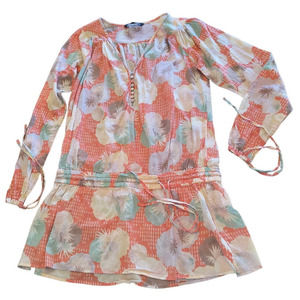 French Connection Tunic Top Women's Size M Orange Floral Long Sleeve Cotton Boho